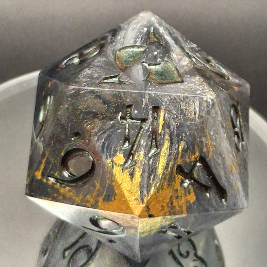 55mm Black, White & Clear Chonk D20 – Handmade Sharp-Edged Dice with Color-Shifting TurboDork Ink for DnD