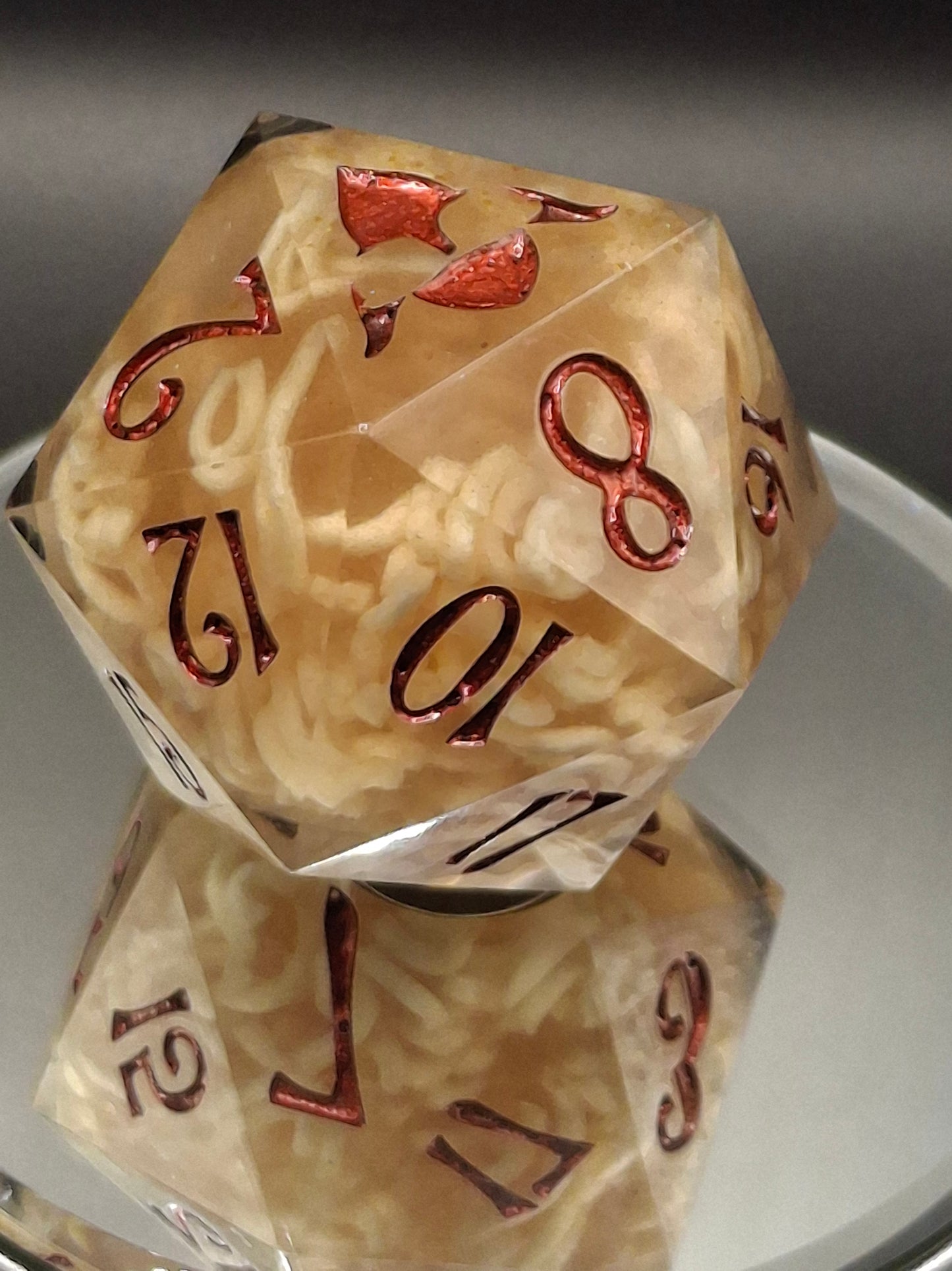55mm Ramen Noodle Chonk D20 – Handmade Sharp-Edged Dice with Real Beef Ramen & TurboDork Redrum Ink