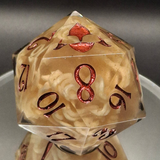 55mm Ramen Noodle Chonk D20 – Handmade Sharp-Edged Dice with Real Beef Ramen & TurboDork Redrum Ink