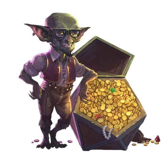 Animated character with glasses standing next to an open treasure chest filled with gold coins on a white background.