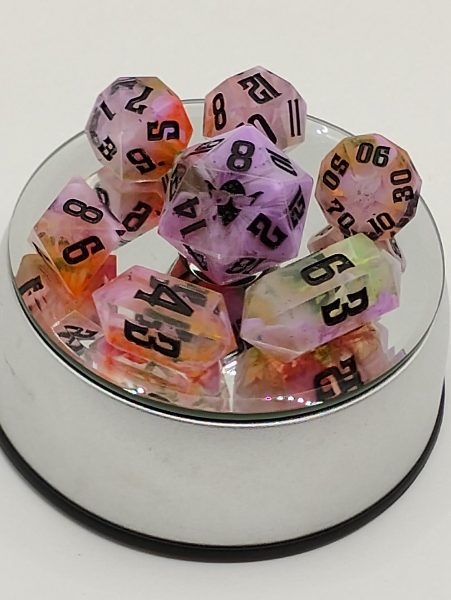 Clear Neon Sherbet Dice Set – Sharp-Edged Handmade TTRPG Dice