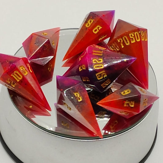 Crystal Sharp-Edged Dice Set Handmade Red & Purple Resin TTRPG Dice with Gold Ink
