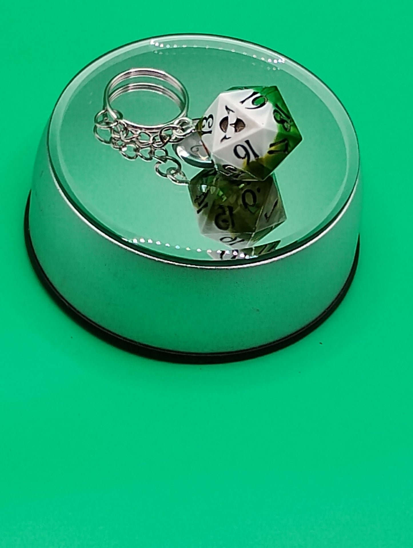 Verdant Fate D20 Keychain – Handmade Green & White Dice Charm by Nat20Dicery