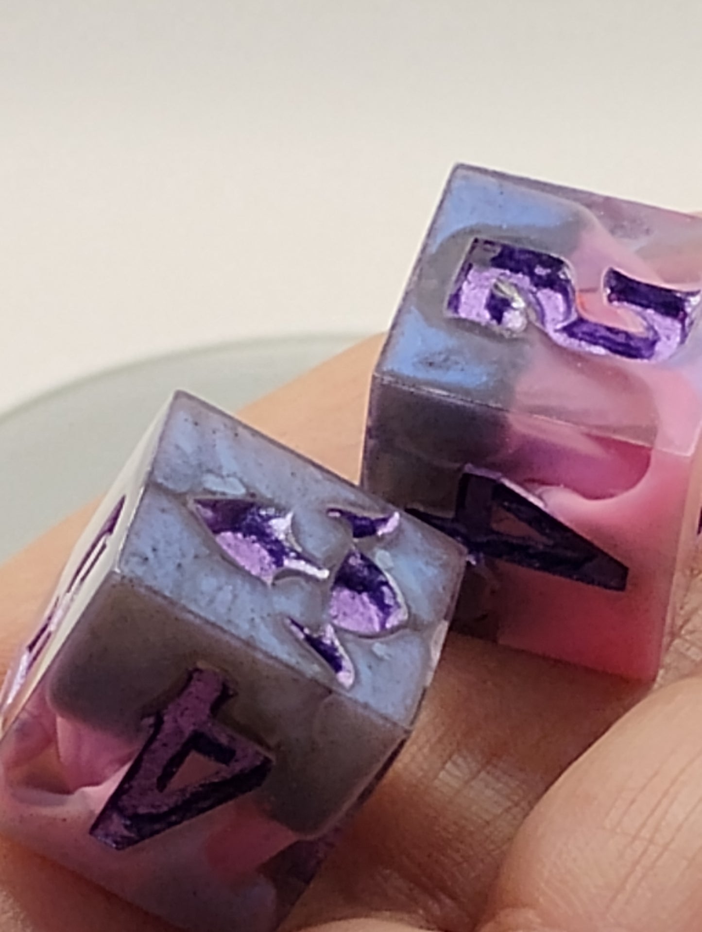 Handmade Enchanted D6 Dice Pair – Blue, Pink & Purple Whimsical TTRPG Dice