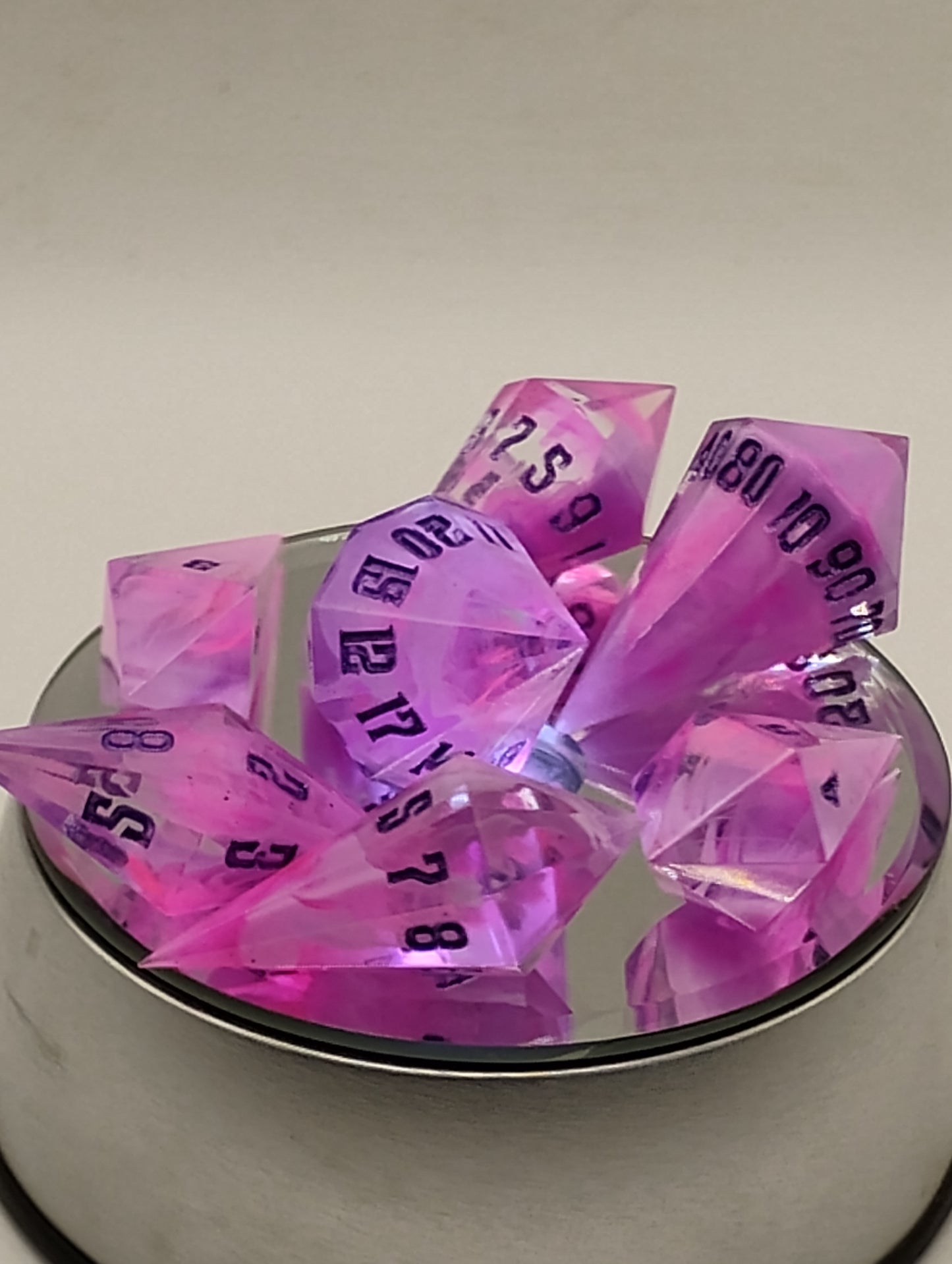 Rosequartz Veil – Pink and Clear Swirled Crystal Dice Set for TTRPG Adventures