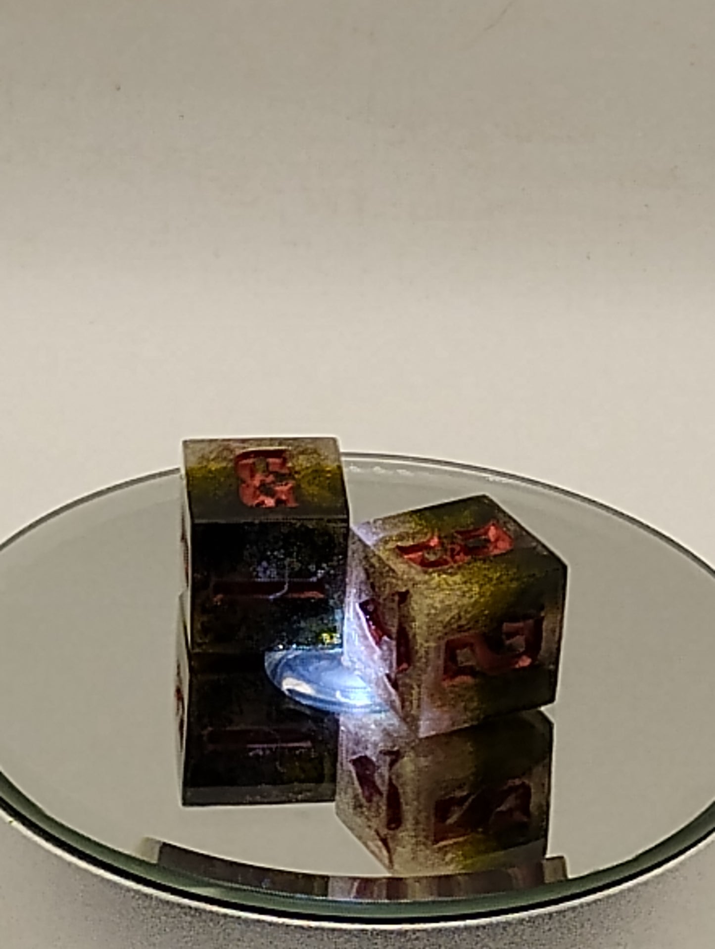 Handcrafted D6 Dice Pair – Black & Gold Shimmer with Red Ink | Dark Fantasy TTRPG Dice
