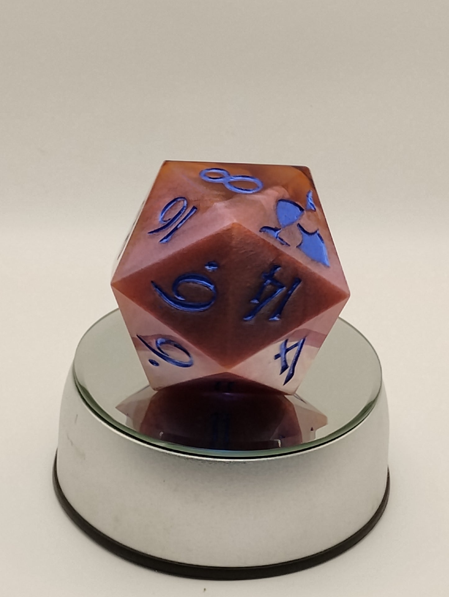 Celestial Bloom – 78mm Handmade Chonk D20 with Red and Pink Swirls, Shimmer, and Blue In