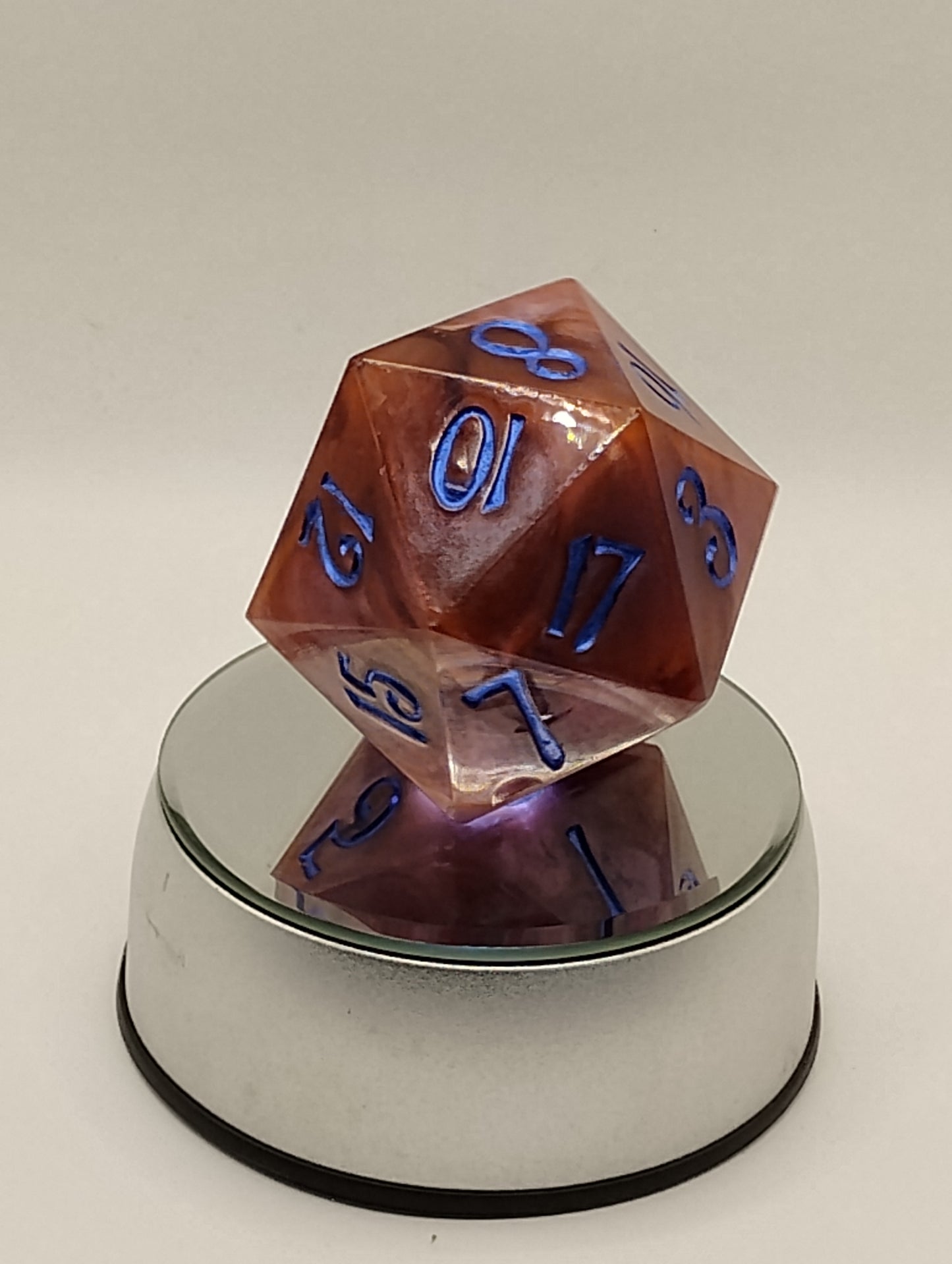 Celestial Bloom – 78mm Handmade Chonk D20 with Red and Pink Swirls, Shimmer, and Blue In