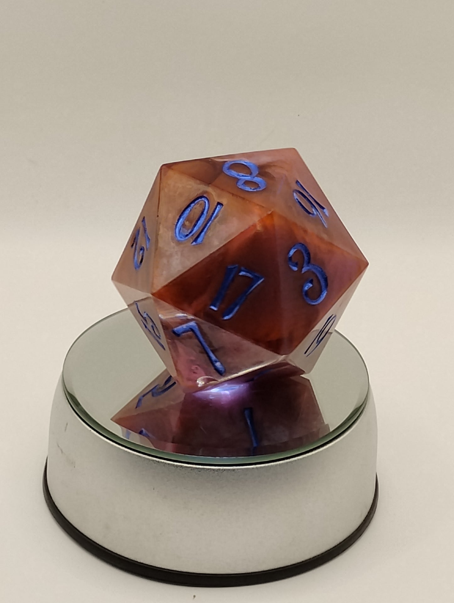 Celestial Bloom – 78mm Handmade Chonk D20 with Red and Pink Swirls, Shimmer, and Blue In