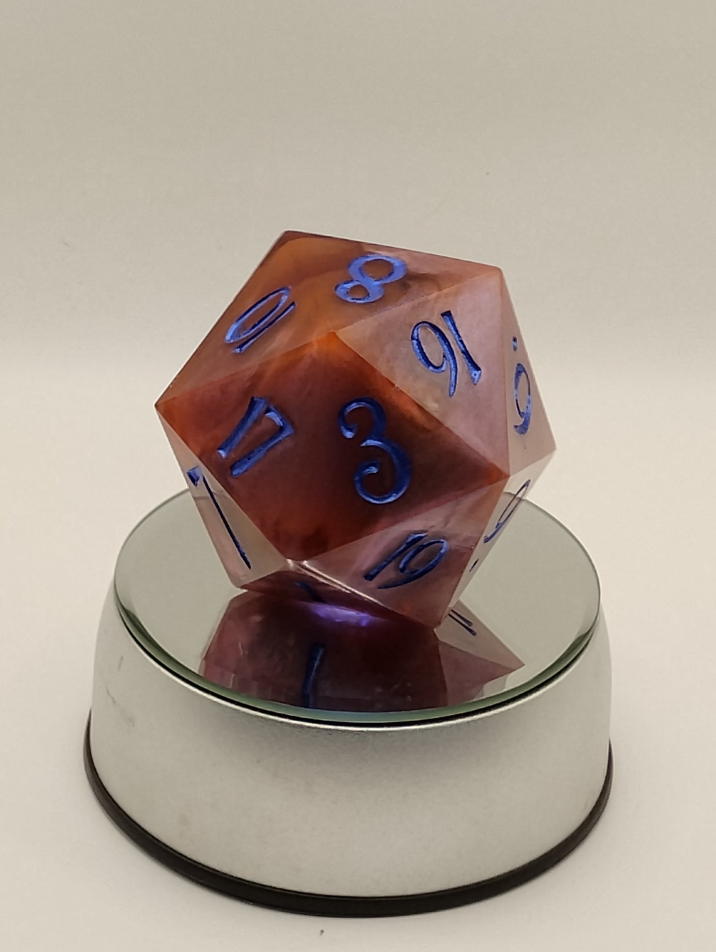 Celestial Bloom – 78mm Handmade Chonk D20 with Red and Pink Swirls, Shimmer, and Blue In