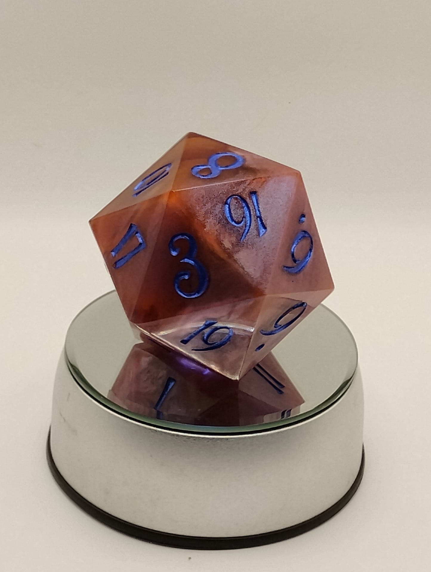 Celestial Bloom – 78mm Handmade Chonk D20 with Red and Pink Swirls, Shimmer, and Blue In