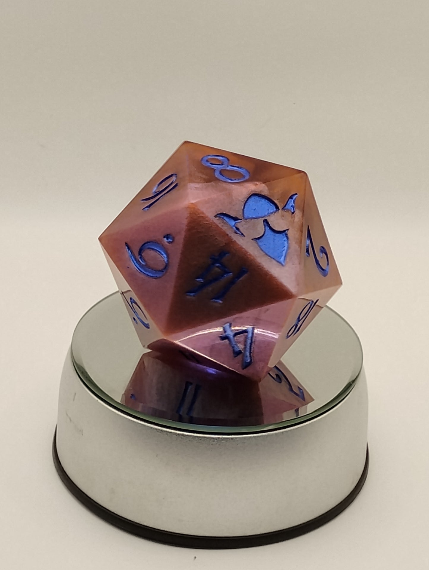 Celestial Bloom – 78mm Handmade Chonk D20 with Red and Pink Swirls, Shimmer, and Blue In