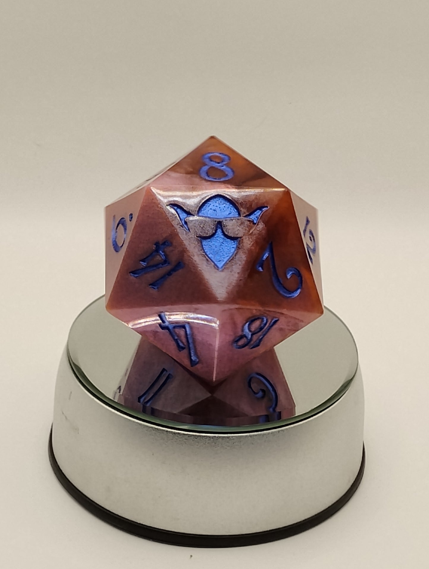 Celestial Bloom – 78mm Handmade Chonk D20 with Red and Pink Swirls, Shimmer, and Blue In