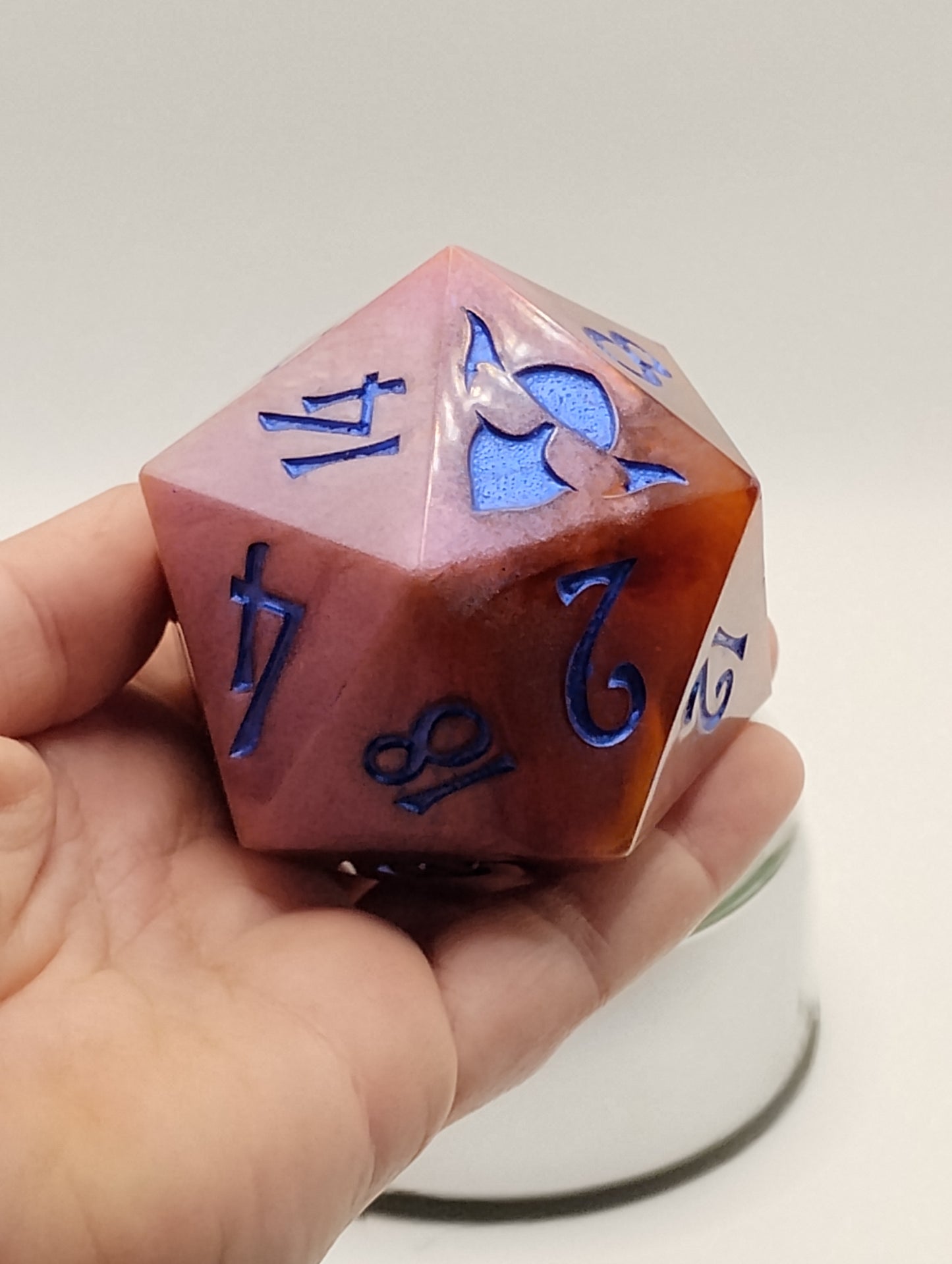 Celestial Bloom – 78mm Handmade Chonk D20 with Red and Pink Swirls, Shimmer, and Blue In