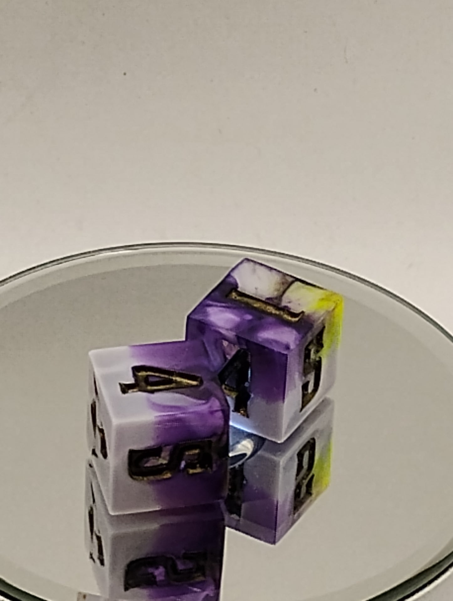Handmade D6 Dice Set White Purple and Fluorescent Yellow Green Custom Dice for Dungeons & Dragons TTRPG
