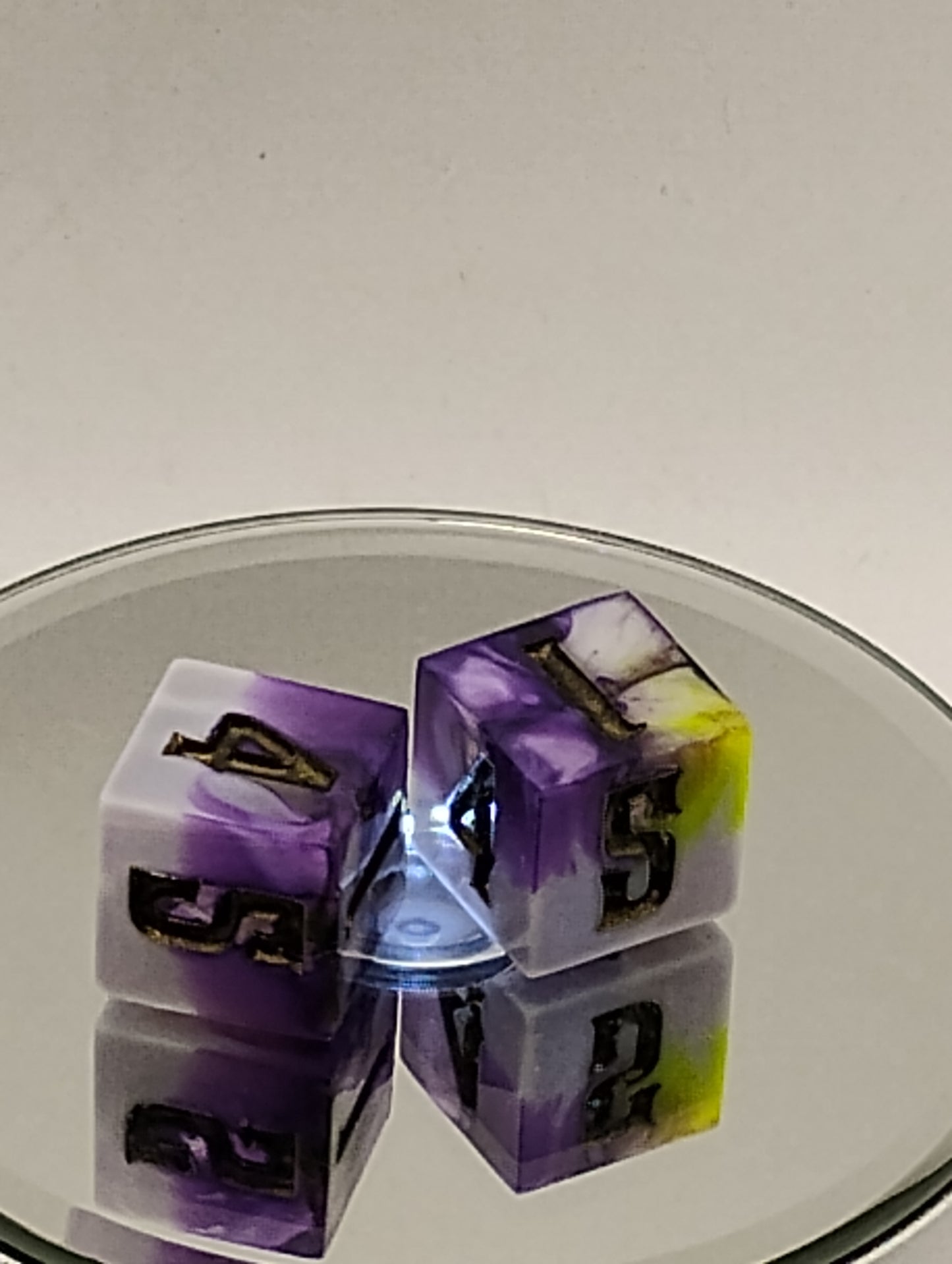 Handmade D6 Dice Set White Purple and Fluorescent Yellow Green Custom Dice for Dungeons & Dragons TTRPG