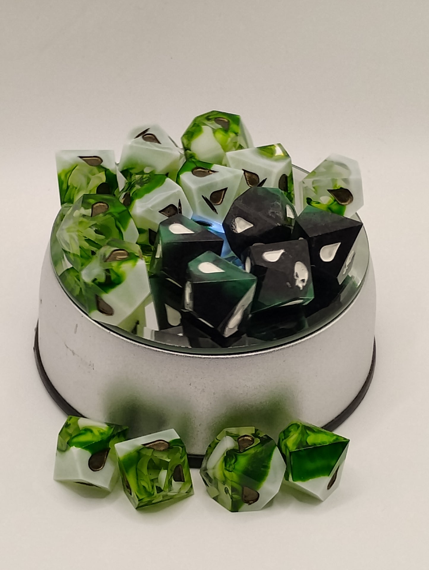 Handcrafted Vampire: The Masquerade Dice Set Verdant Green and Dark Green with Black Unique TTRPG Roleplaying Accessories