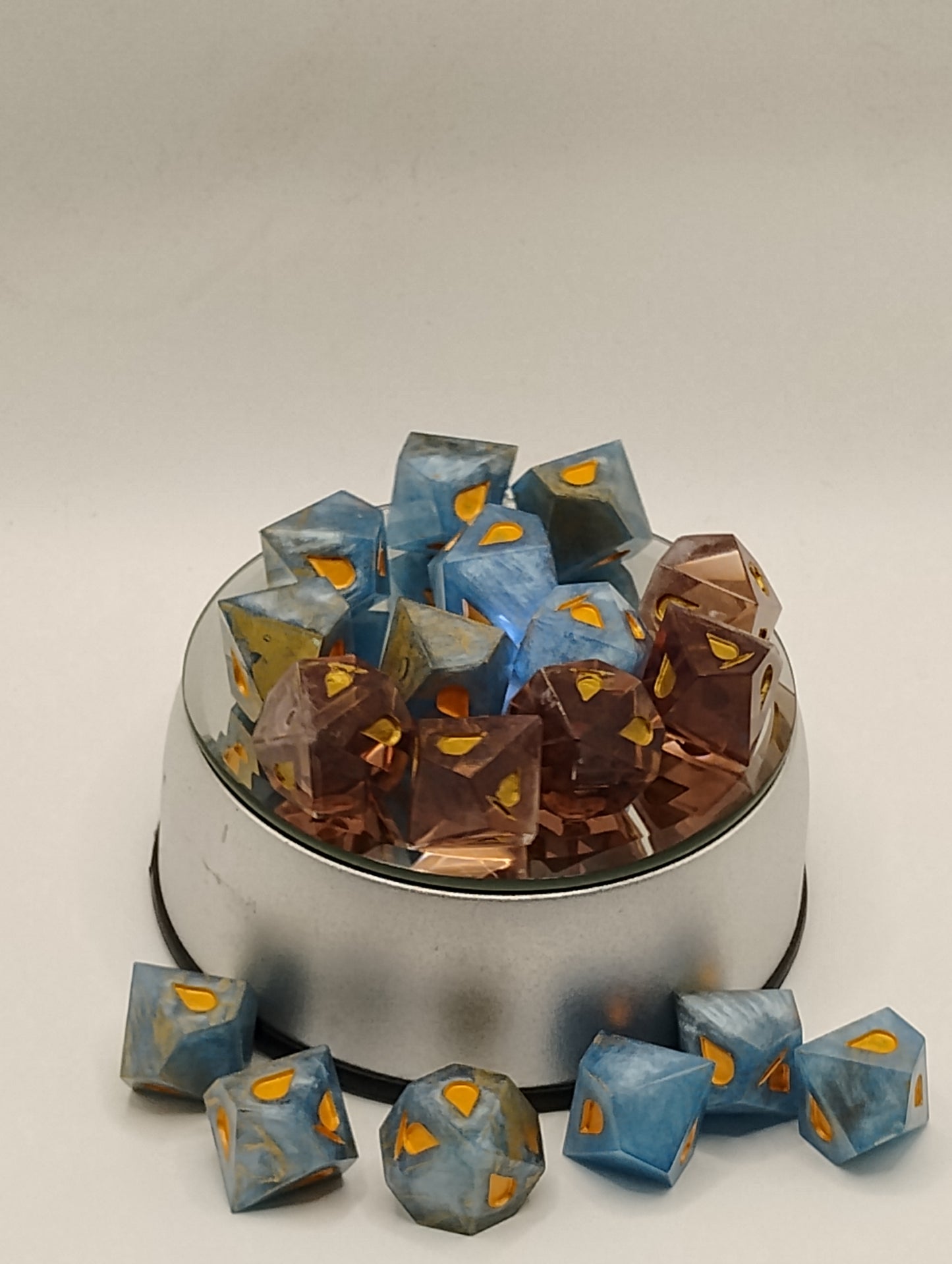 Handcrafted Vampire: The Masquerade Dice Set Warm Brandy & Cool Blue with Copper Ink Unique TTRPG Gaming Accessories
