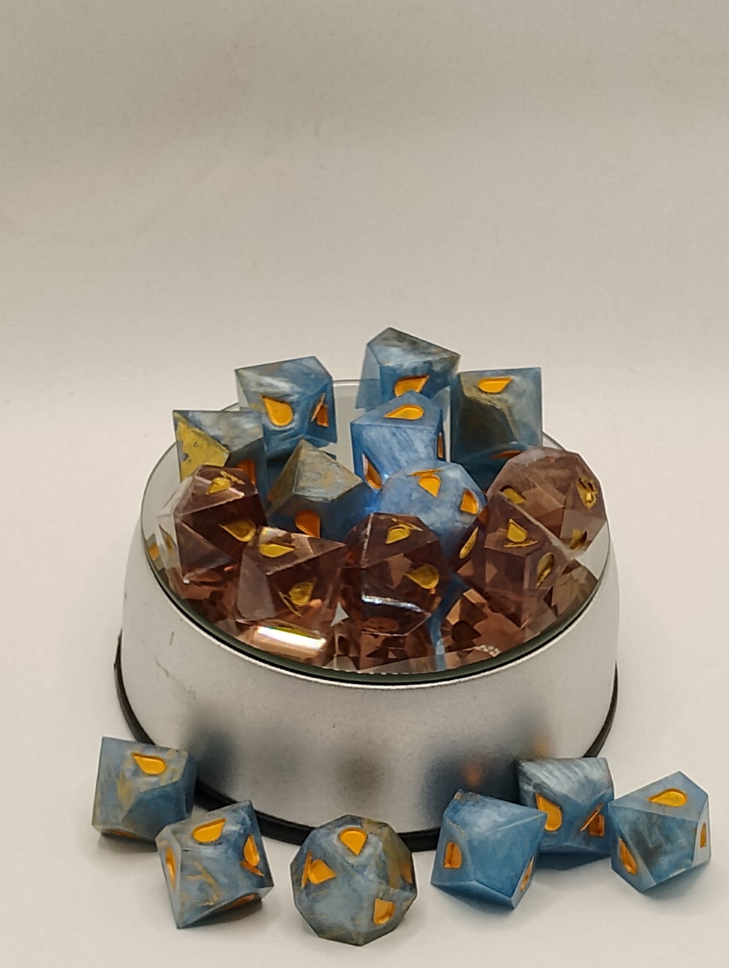 Handcrafted Vampire: The Masquerade Dice Set Warm Brandy & Cool Blue with Copper Ink Unique TTRPG Gaming Accessories