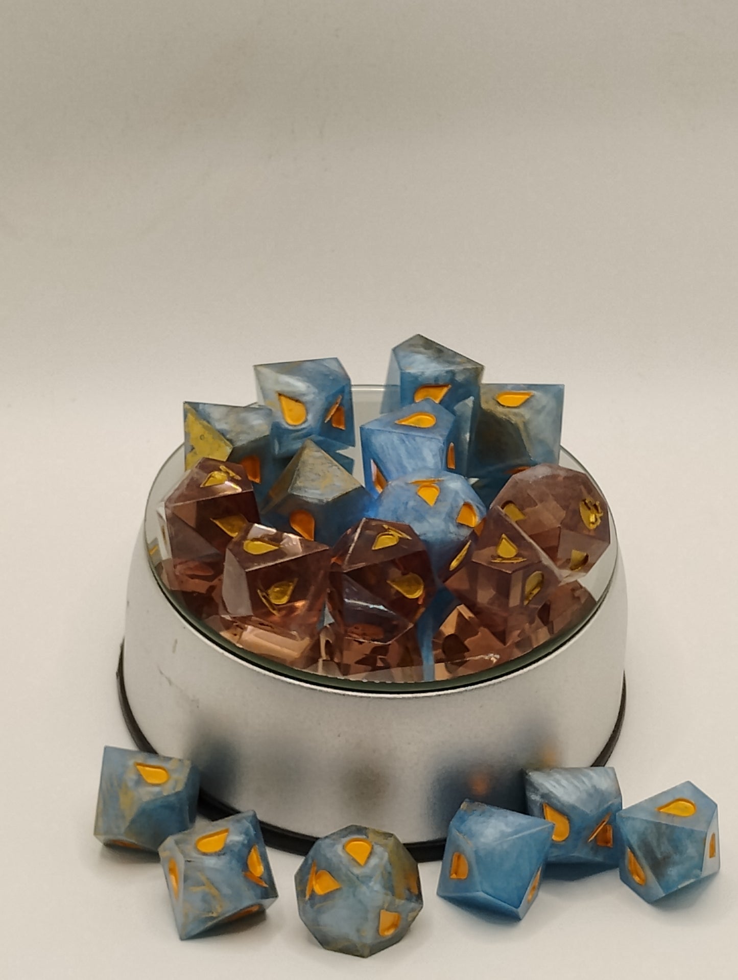 Handcrafted Vampire: The Masquerade Dice Set Warm Brandy & Cool Blue with Copper Ink Unique TTRPG Gaming Accessories