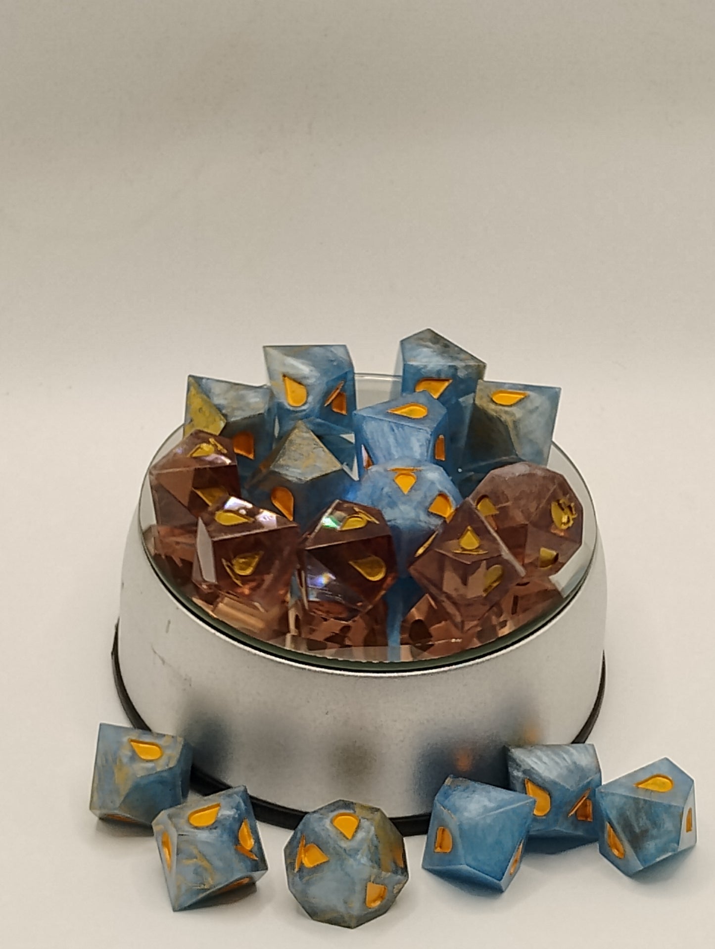 Handcrafted Vampire: The Masquerade Dice Set Warm Brandy & Cool Blue with Copper Ink Unique TTRPG Gaming Accessories