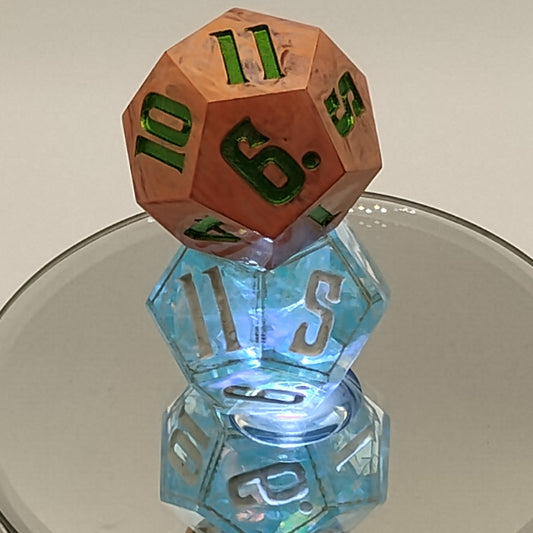 Polyhedral dice with numbers on a reflective surface