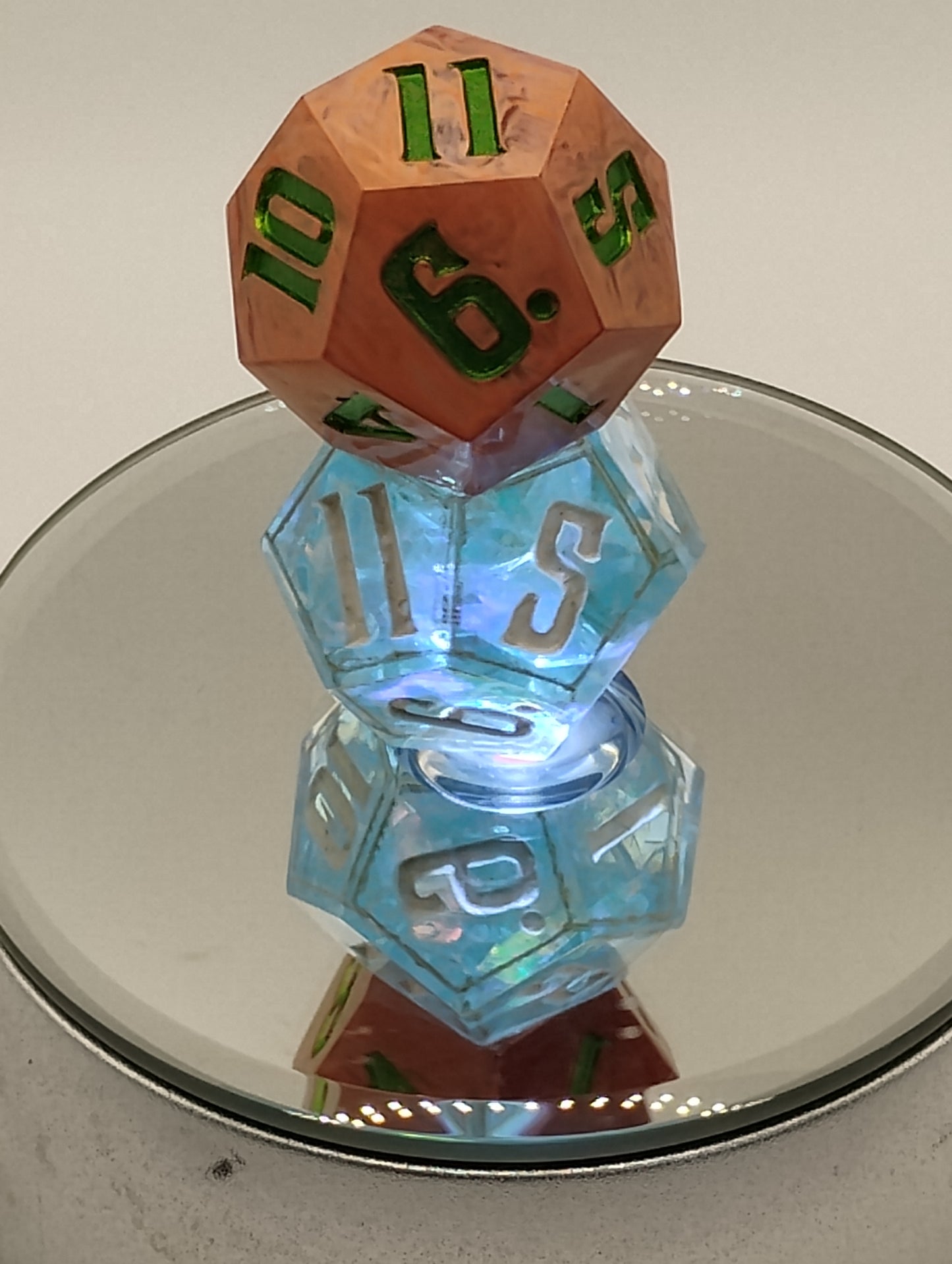 Daggerheart Twin d12 Dice by Critical Role – Gilded Holo Sky Hope & Emberstripe Fear