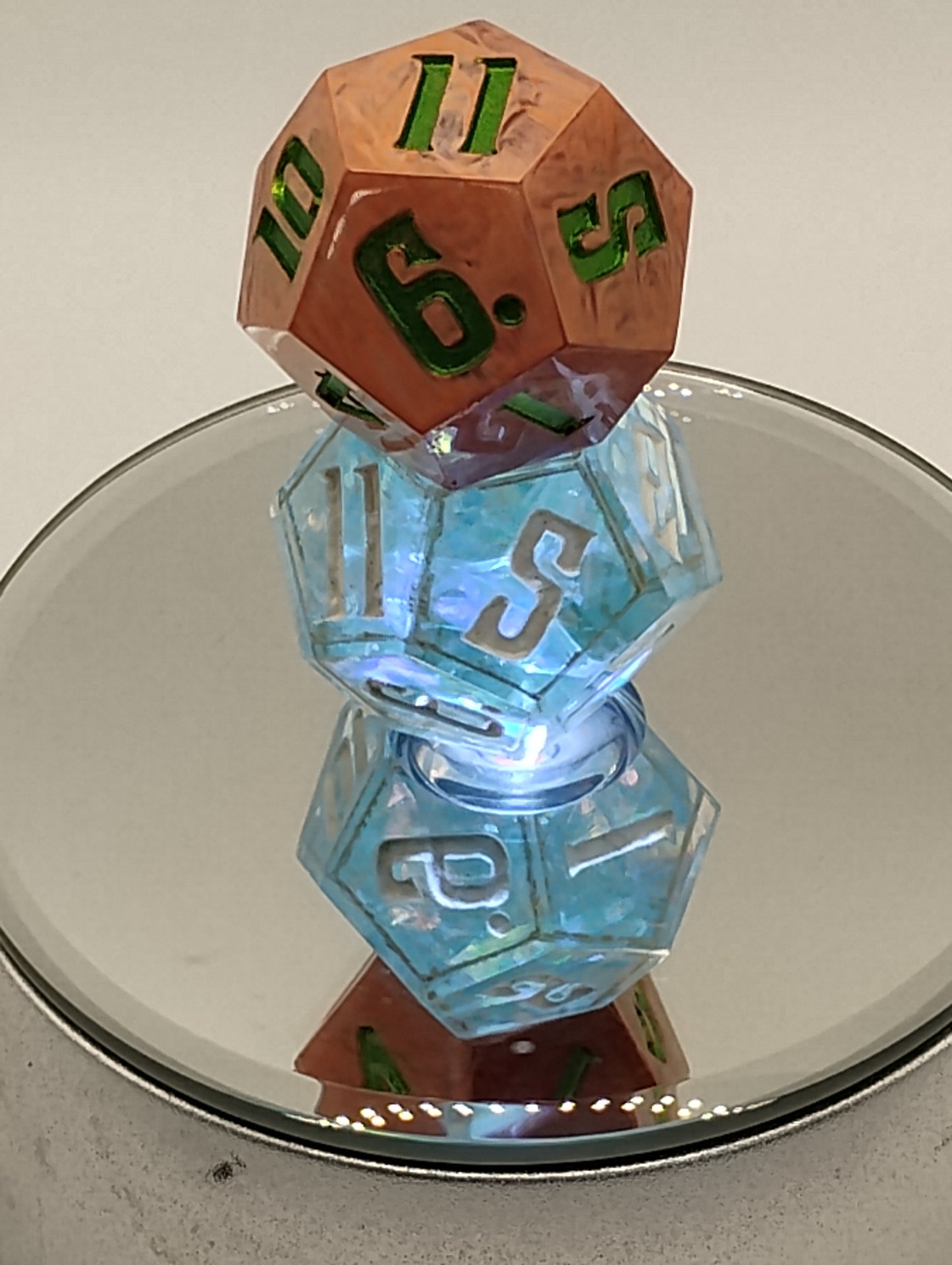 Daggerheart Twin d12 Dice by Critical Role – Gilded Holo Sky Hope & Emberstripe Fear