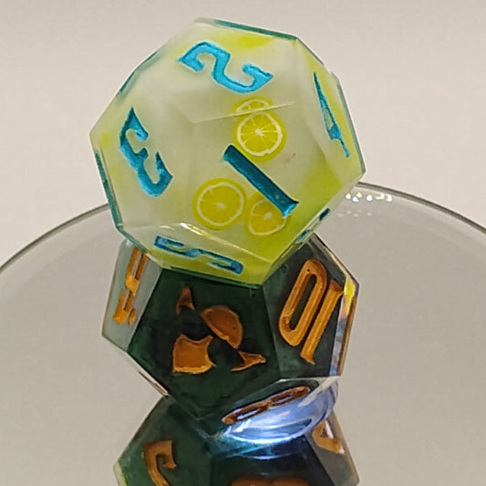 Colorful polyhedral dice on a reflective surface