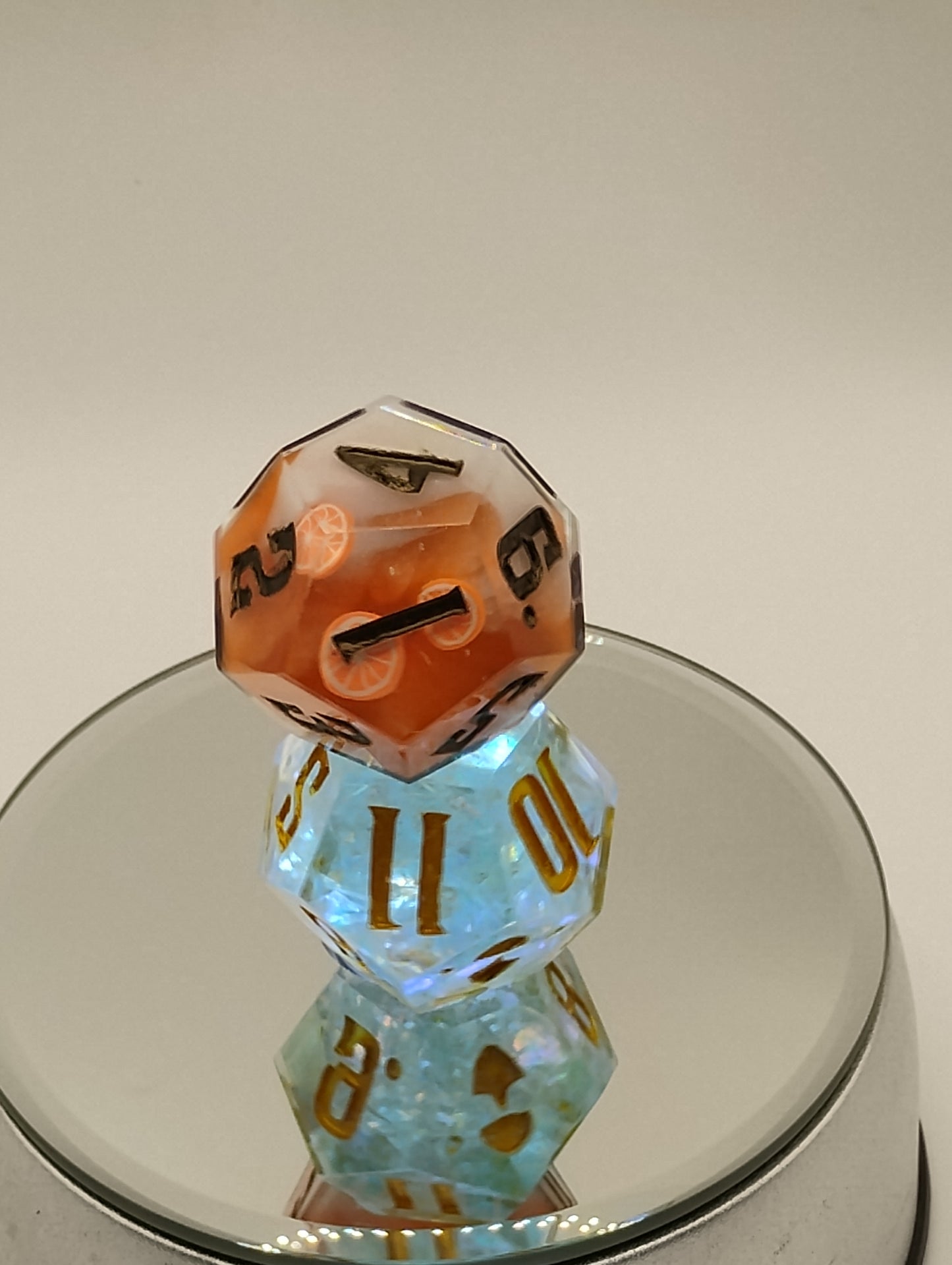 Daggerheart Twin d12 Dice by Critical Role – Shimmering Aqua Holo Hope & Grapefruit Ember Fear