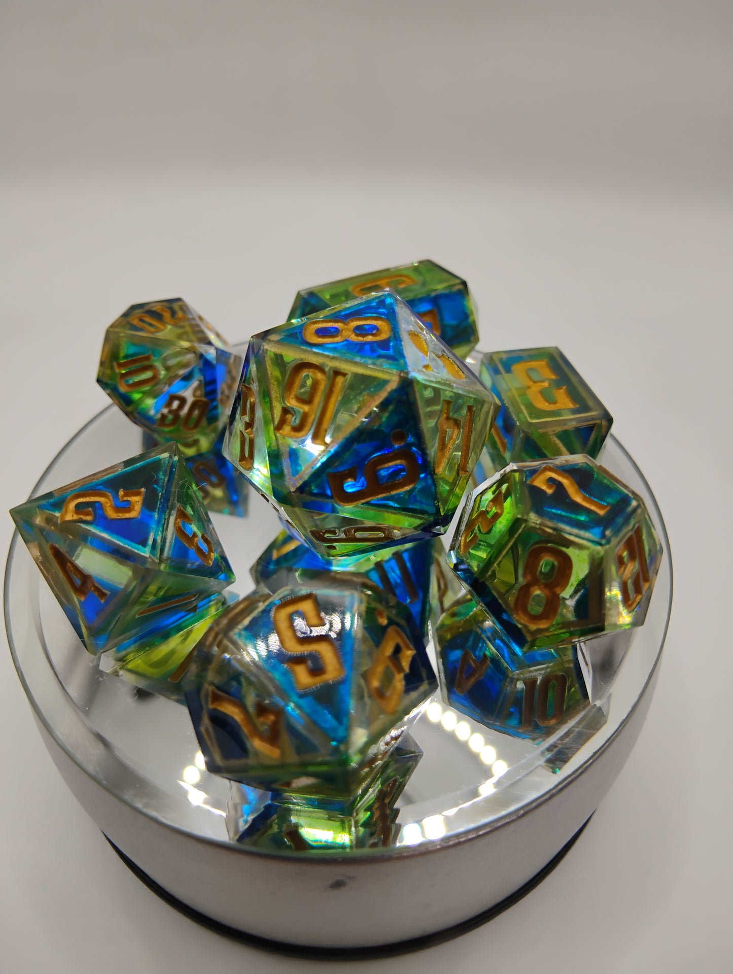 Enchanted Stained Glass Dice Set – Handmade Blue & Green Polyhedral DnD Dice with Gold Framing | Dark Fantasy TTRPG Relic Set