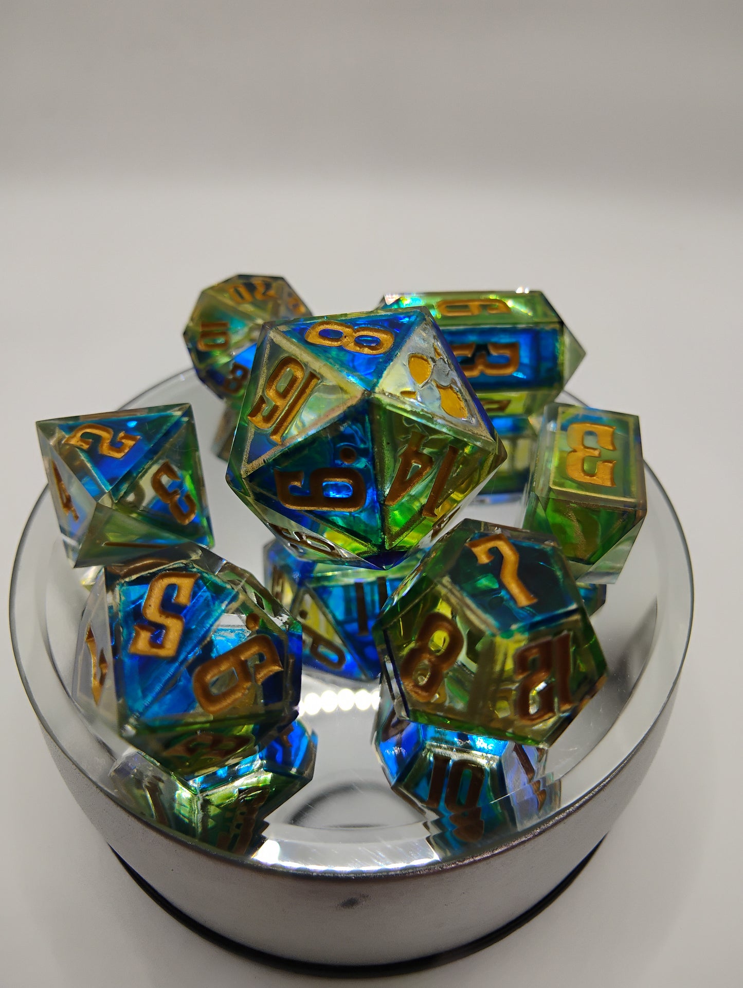 Enchanted Stained Glass Dice Set – Handmade Blue & Green Polyhedral DnD Dice with Gold Framing | Dark Fantasy TTRPG Relic Set