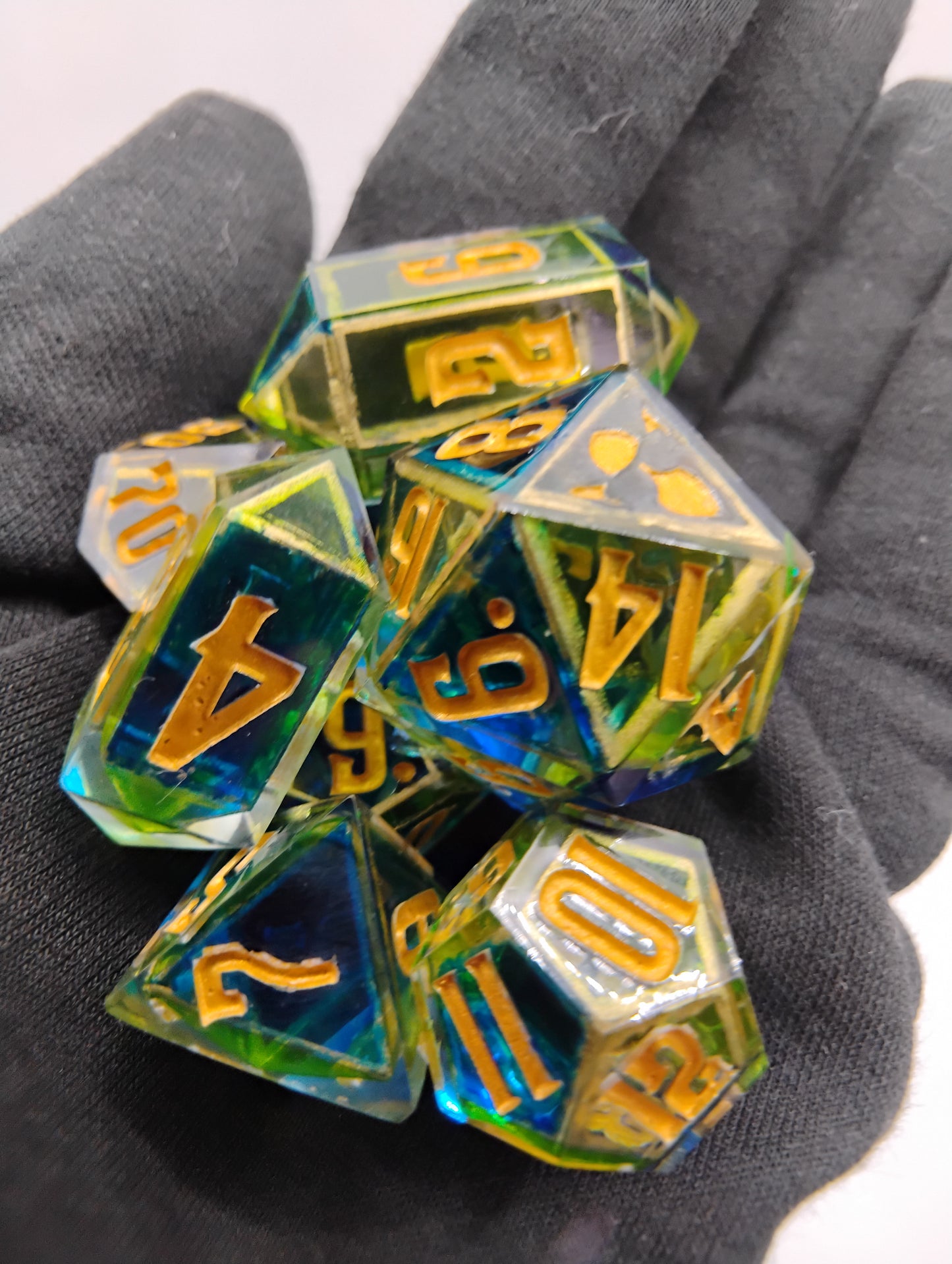 Enchanted Stained Glass Dice Set – Handmade Blue & Green Polyhedral DnD Dice with Gold Framing | Dark Fantasy TTRPG Relic Set