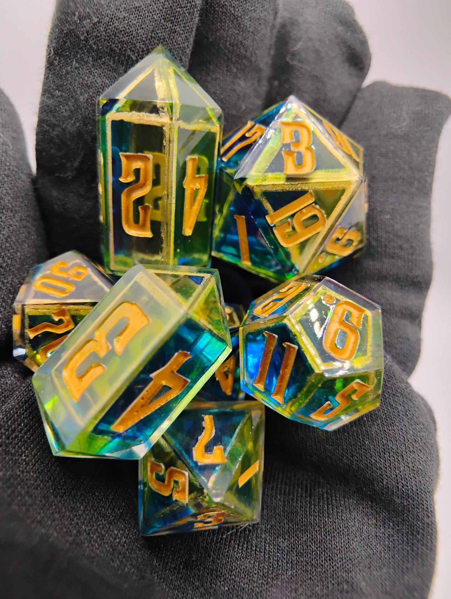 Enchanted Stained Glass Dice Set – Handmade Blue & Green Polyhedral DnD Dice with Gold Framing | Dark Fantasy TTRPG Relic Set
