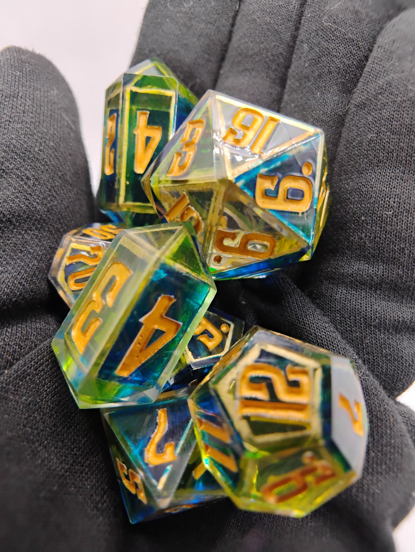 Enchanted Stained Glass Dice Set – Handmade Blue & Green Polyhedral DnD Dice with Gold Framing | Dark Fantasy TTRPG Relic Set