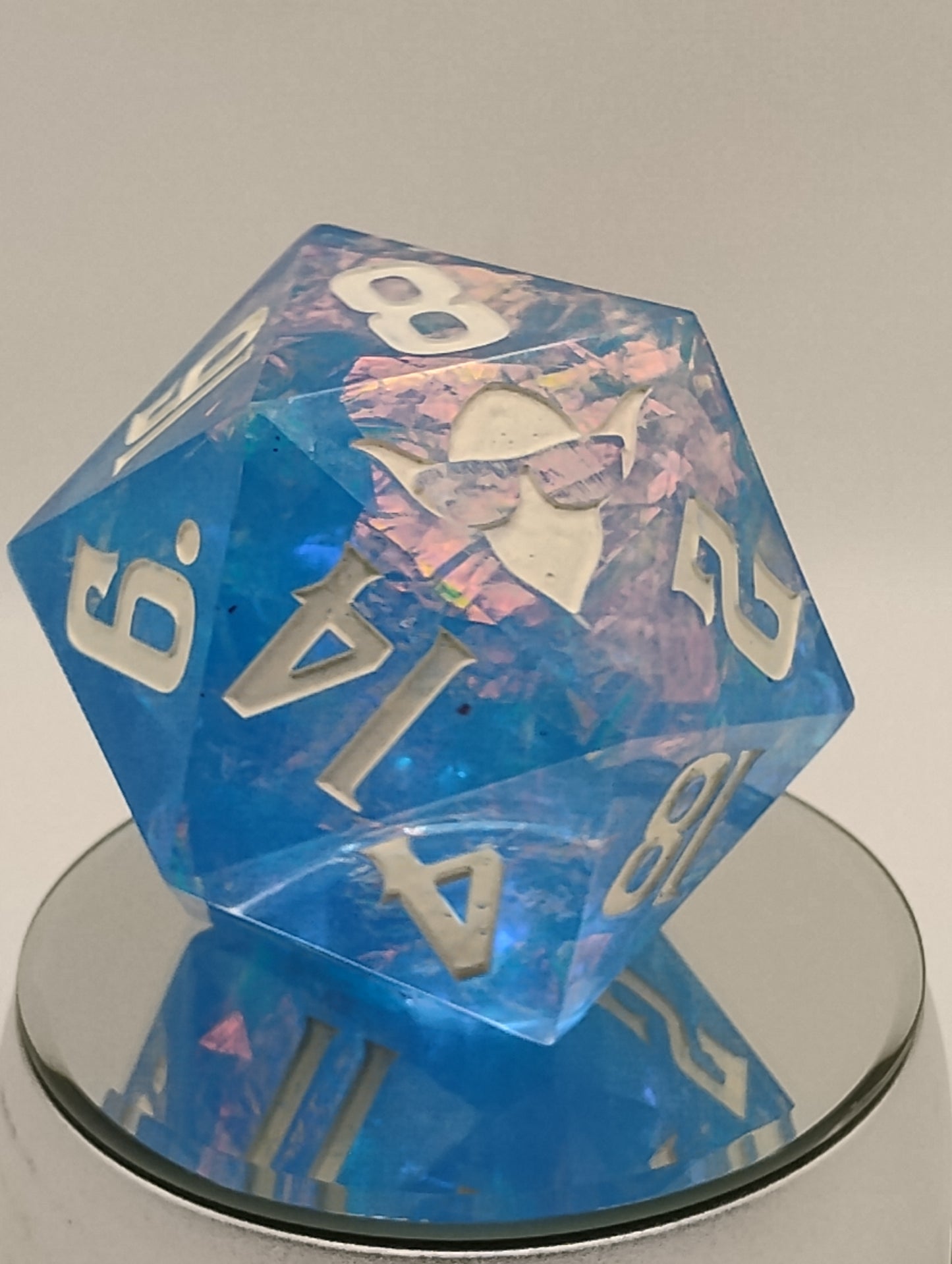 85mm Celestial Regret Chonk D20 – Handmade Giant DnD Die in Light Blue with Opalescent Holographic Foil & White Ink