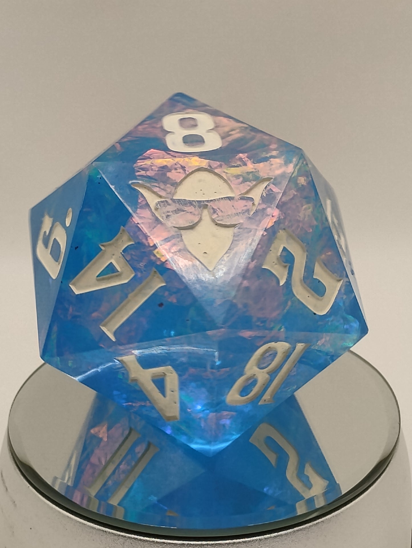 85mm Celestial Regret Chonk D20 – Handmade Giant DnD Die in Light Blue with Opalescent Holographic Foil & White Ink