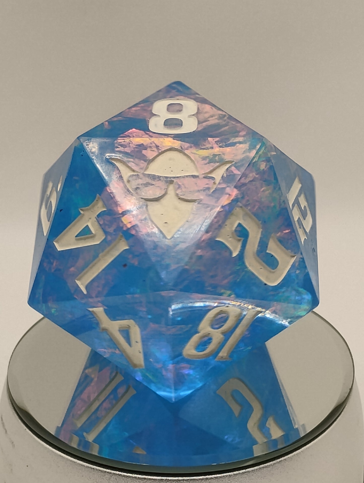 85mm Celestial Regret Chonk D20 – Handmade Giant DnD Die in Light Blue with Opalescent Holographic Foil & White Ink