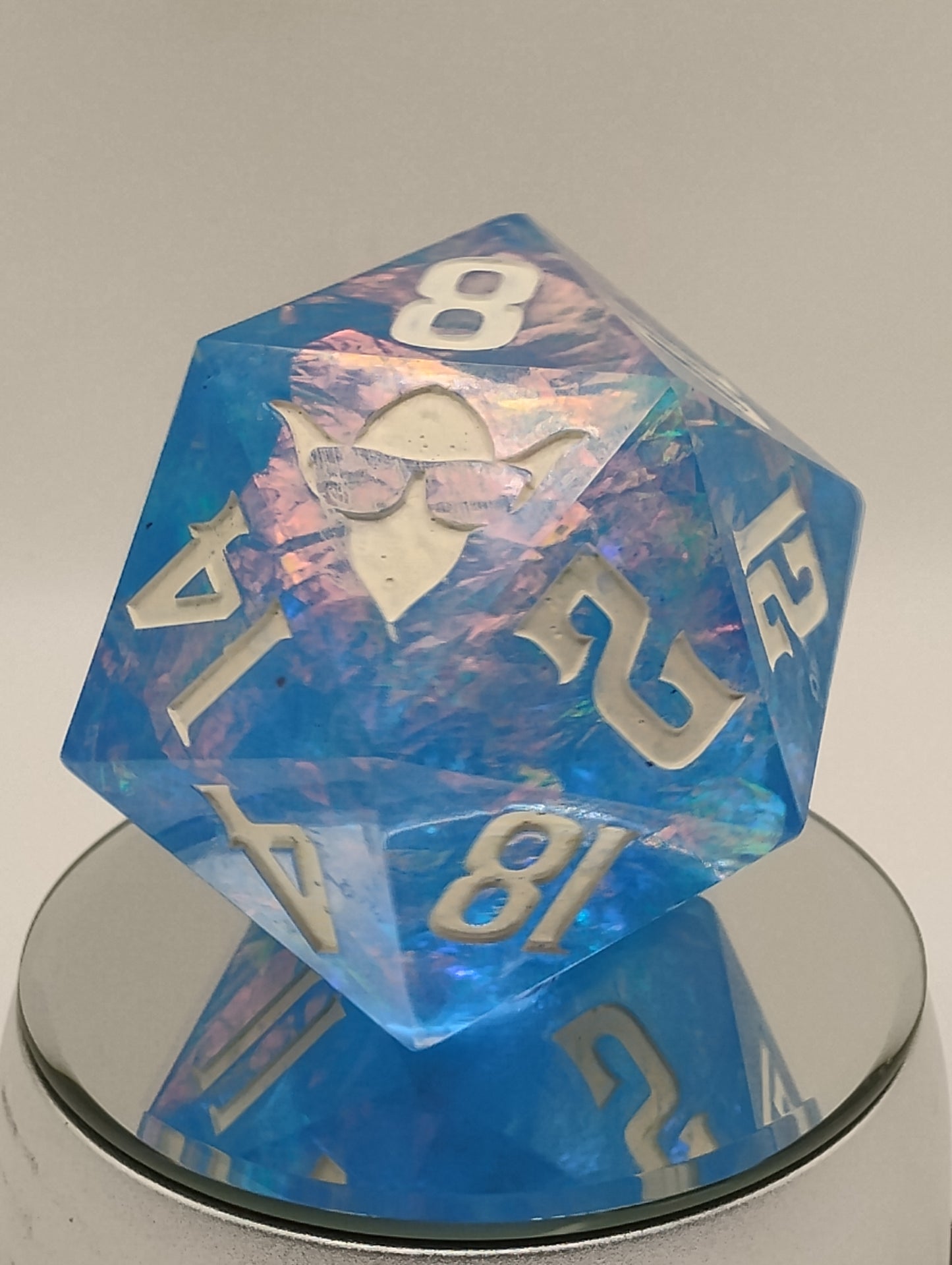 85mm Celestial Regret Chonk D20 – Handmade Giant DnD Die in Light Blue with Opalescent Holographic Foil & White Ink