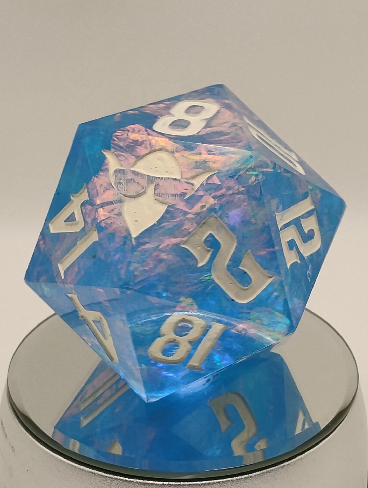 85mm Celestial Regret Chonk D20 – Handmade Giant DnD Die in Light Blue with Opalescent Holographic Foil & White Ink