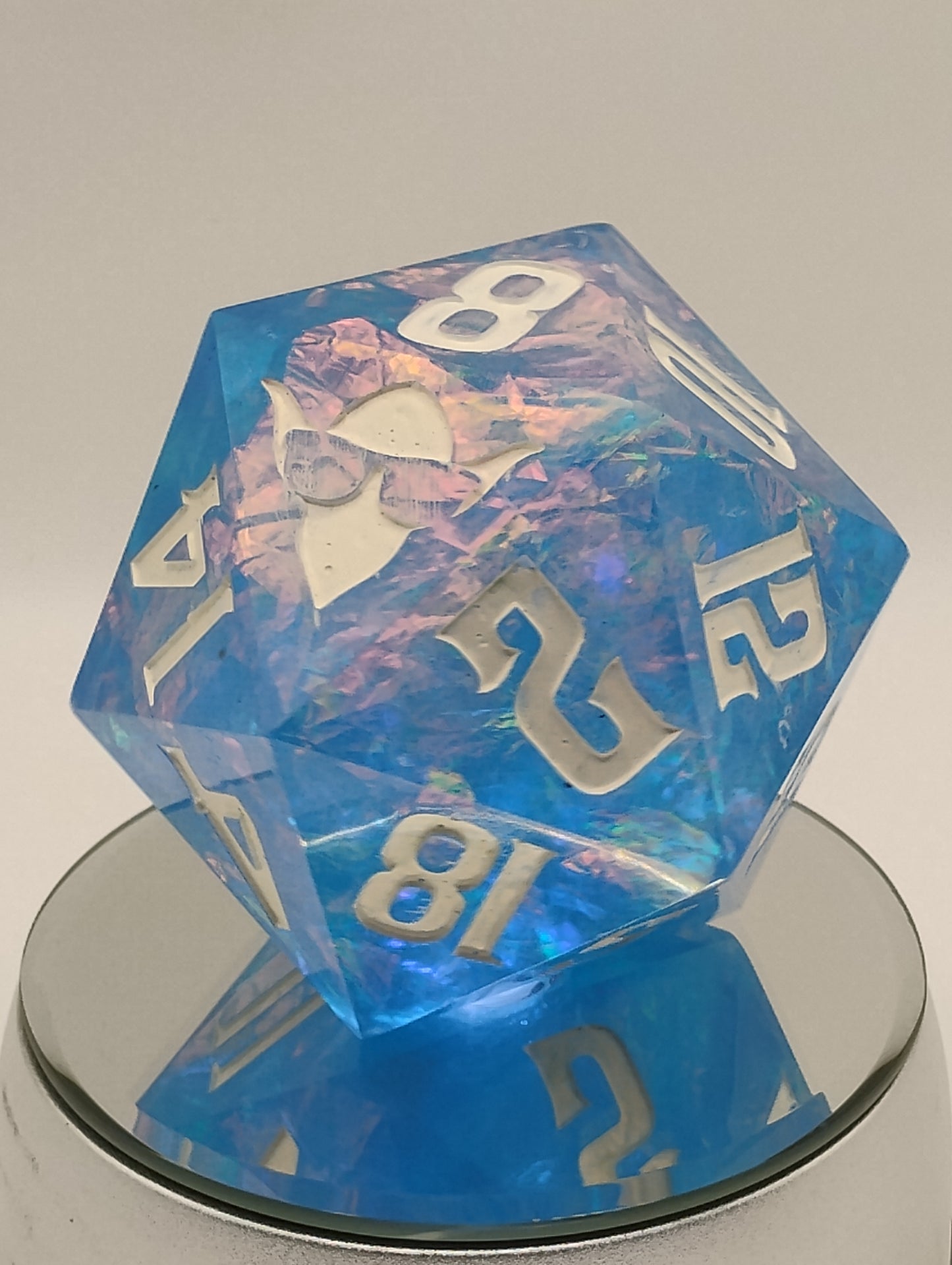 85mm Celestial Regret Chonk D20 – Handmade Giant DnD Die in Light Blue with Opalescent Holographic Foil & White Ink