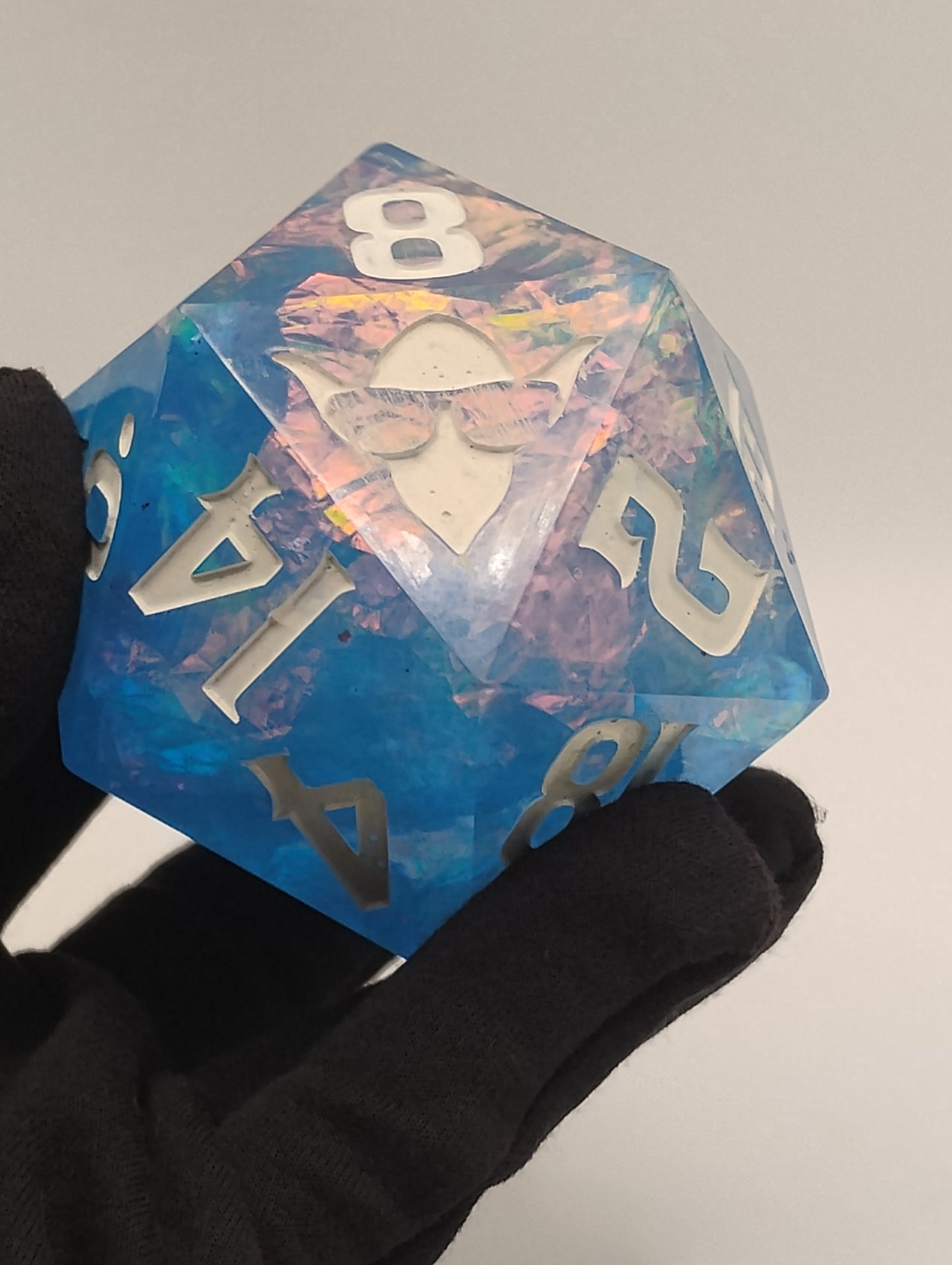 85mm Celestial Regret Chonk D20 – Handmade Giant DnD Die in Light Blue with Opalescent Holographic Foil & White Ink