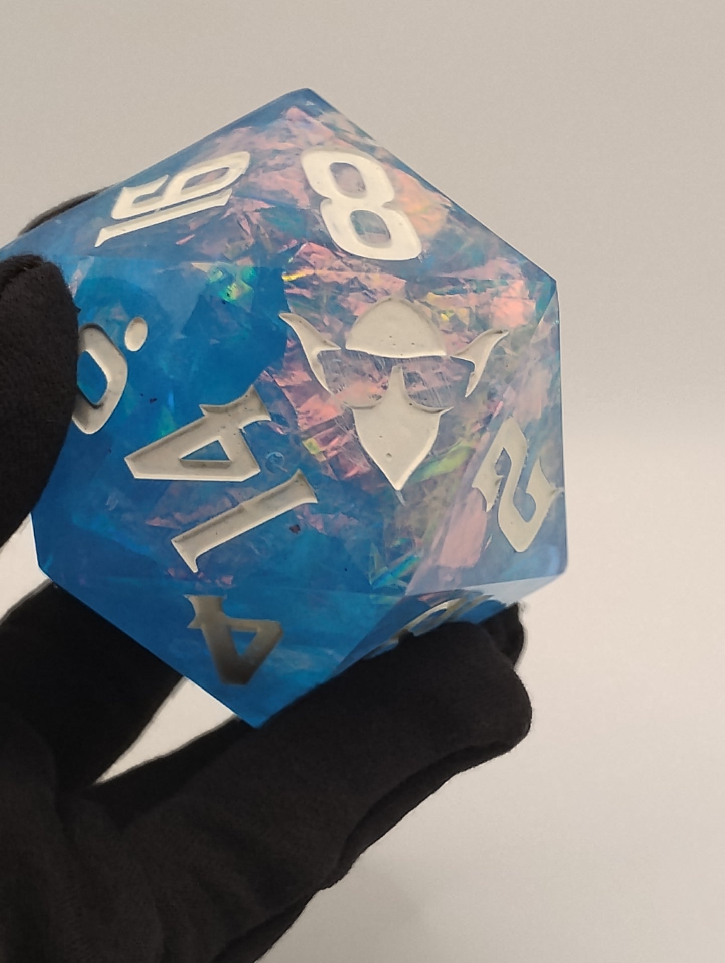 85mm Celestial Regret Chonk D20 – Handmade Giant DnD Die in Light Blue with Opalescent Holographic Foil & White Ink
