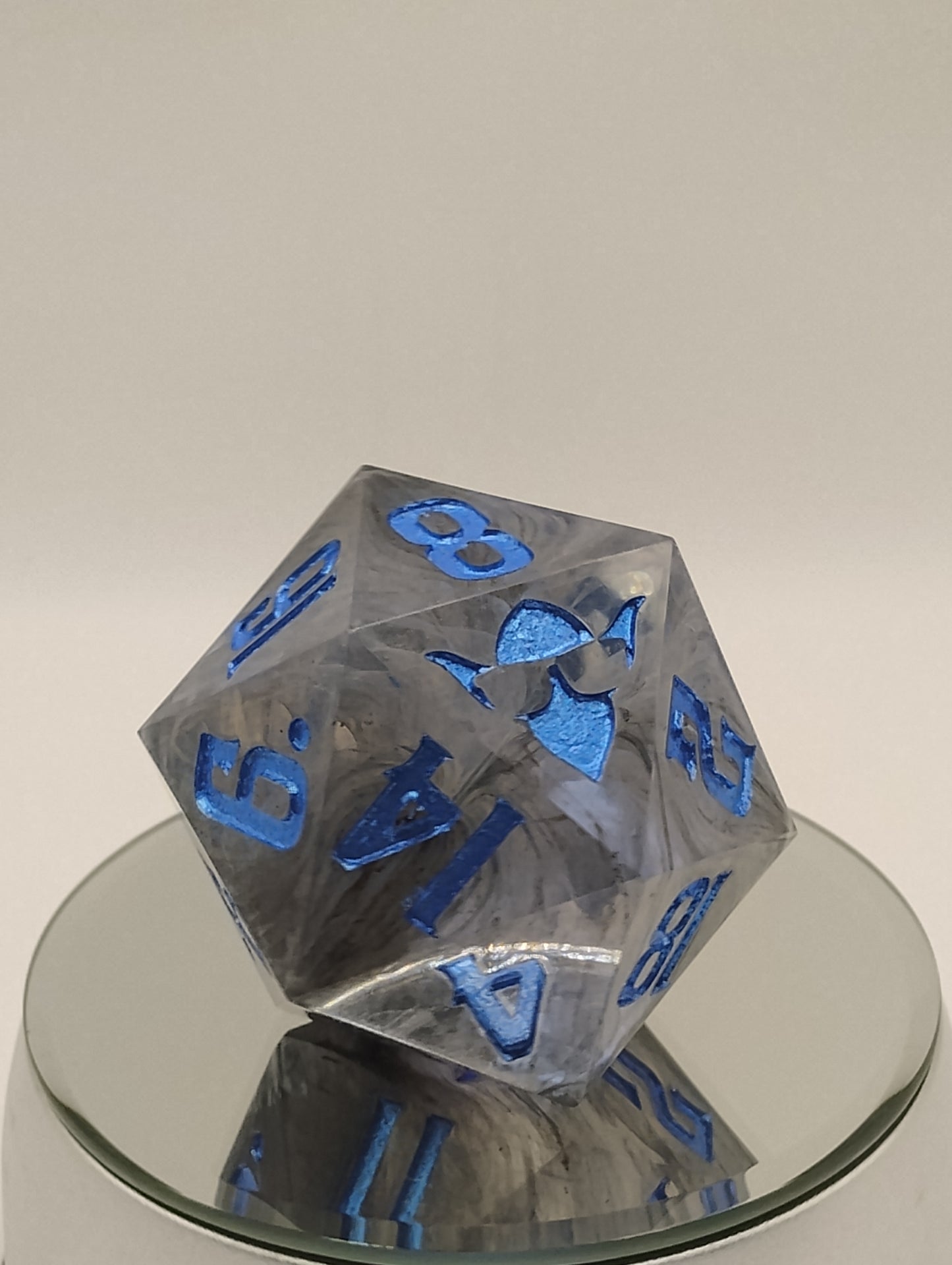 One-of-a-Kind 65mm “Soulfog Chonk” D20 – Handmade Giant DnD Die with Trapped Grey Smoke & Metallic Blue Numbers | Ominous Oversized Dice for Dark Campaigns