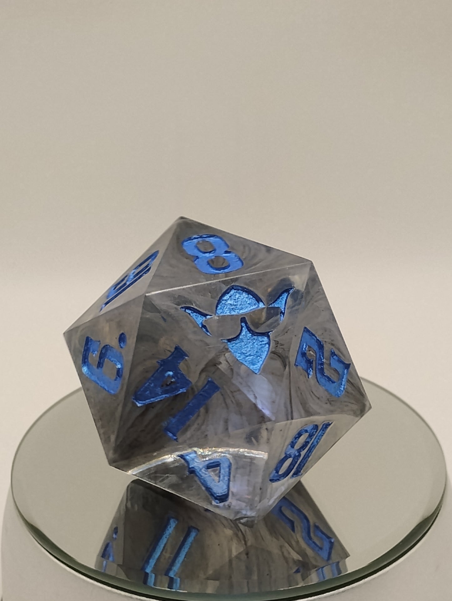 One-of-a-Kind 65mm “Soulfog Chonk” D20 – Handmade Giant DnD Die with Trapped Grey Smoke & Metallic Blue Numbers | Ominous Oversized Dice for Dark Campaigns