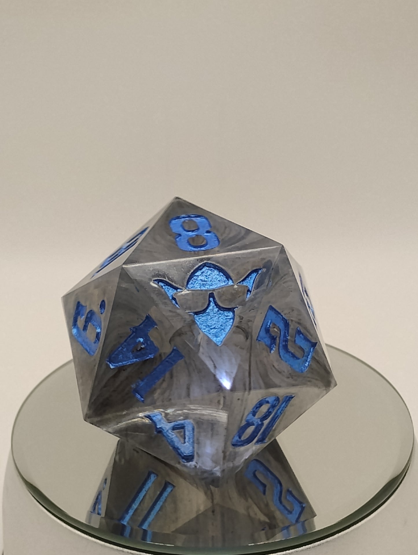 One-of-a-Kind 65mm “Soulfog Chonk” D20 – Handmade Giant DnD Die with Trapped Grey Smoke & Metallic Blue Numbers | Ominous Oversized Dice for Dark Campaigns