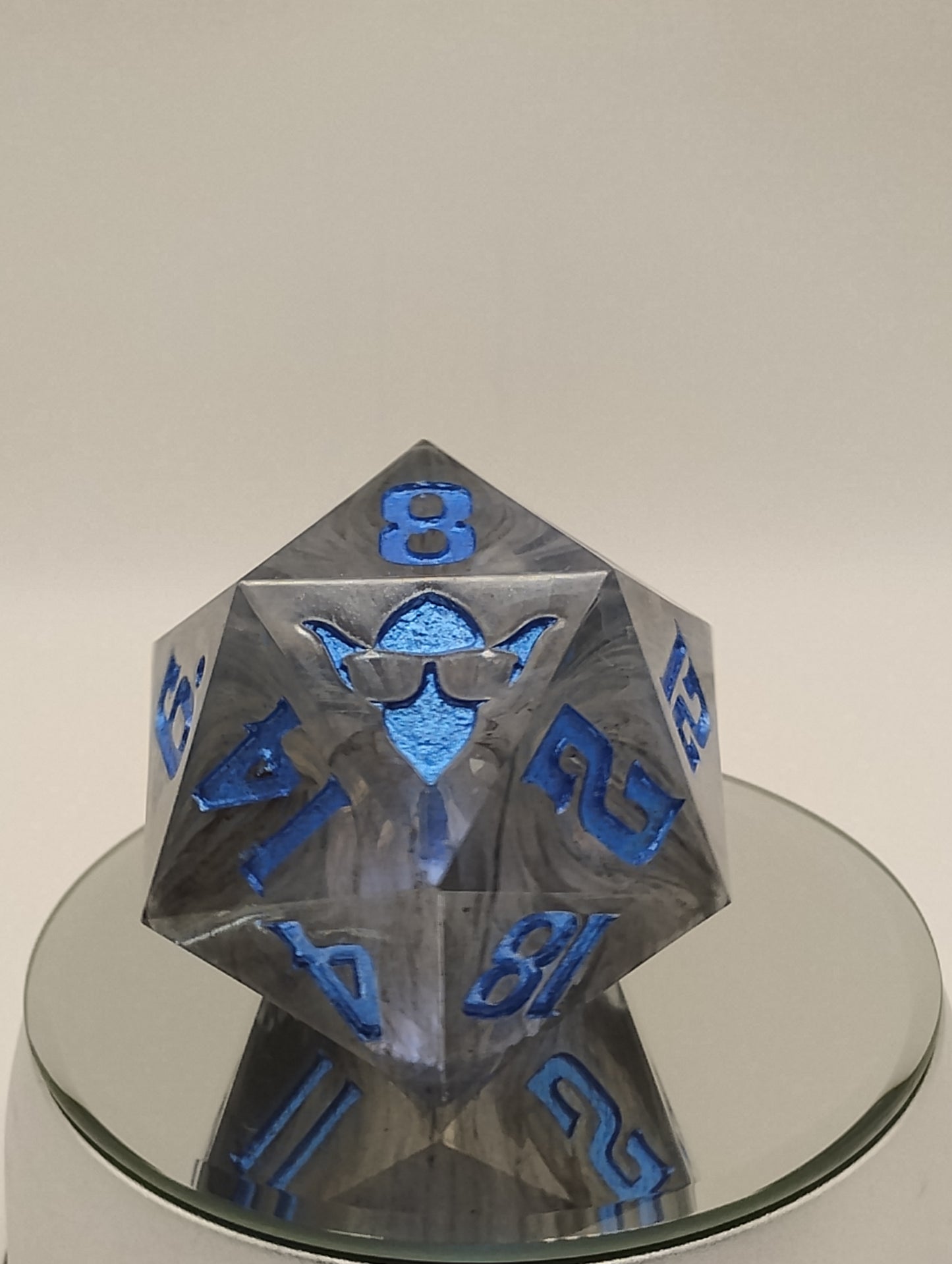 One-of-a-Kind 65mm “Soulfog Chonk” D20 – Handmade Giant DnD Die with Trapped Grey Smoke & Metallic Blue Numbers | Ominous Oversized Dice for Dark Campaigns
