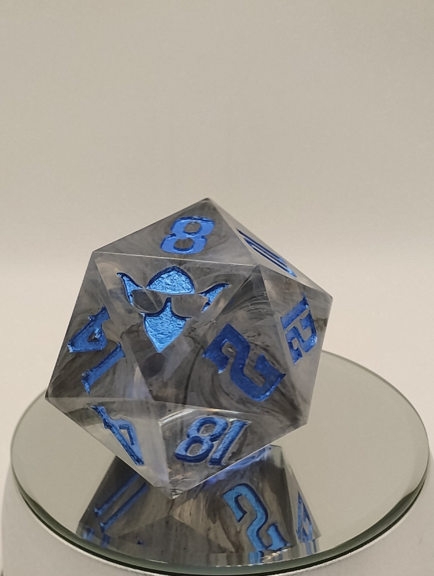 One-of-a-Kind 65mm “Soulfog Chonk” D20 – Handmade Giant DnD Die with Trapped Grey Smoke & Metallic Blue Numbers | Ominous Oversized Dice for Dark Campaigns