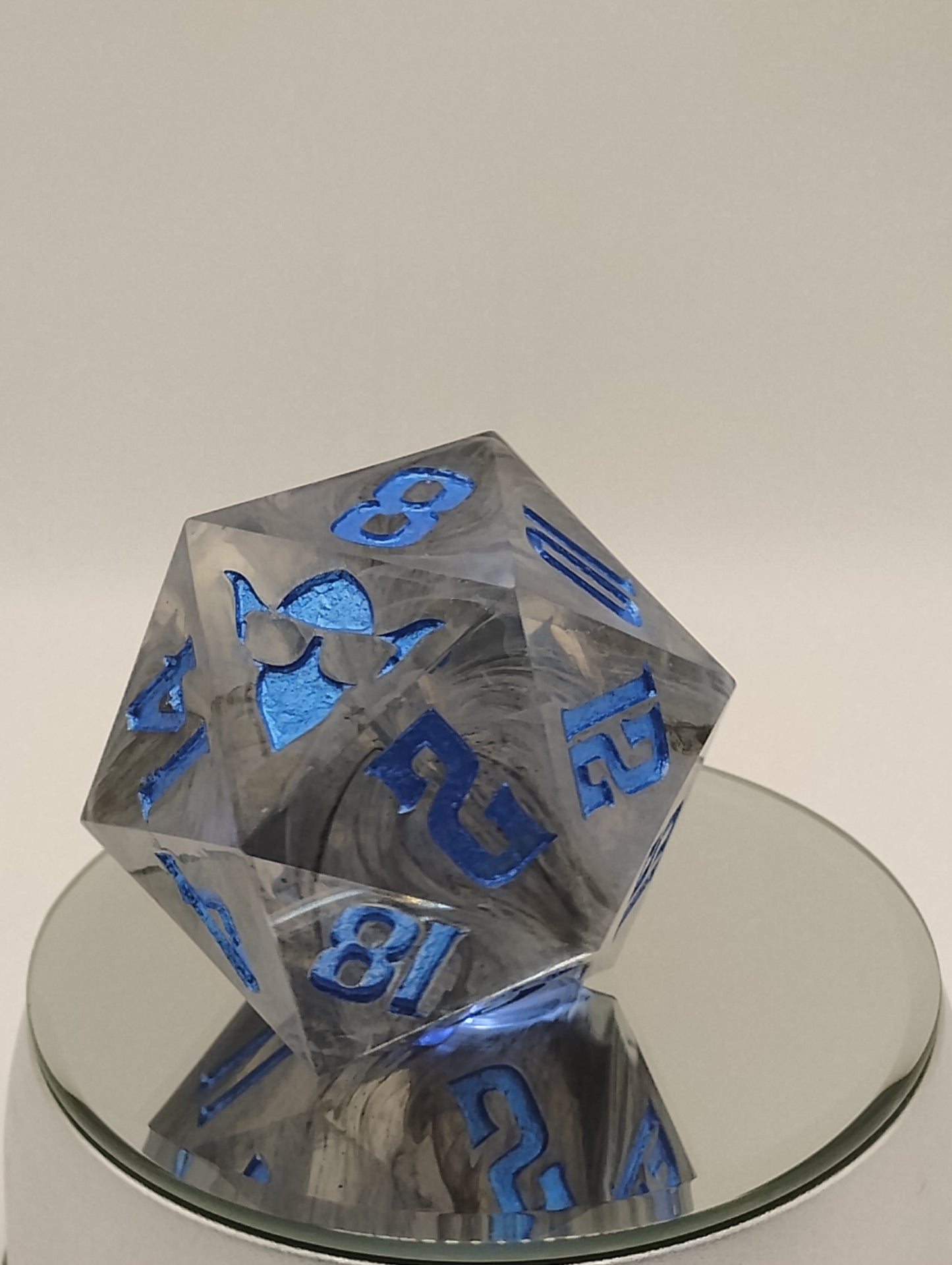 One-of-a-Kind 65mm “Soulfog Chonk” D20 – Handmade Giant DnD Die with Trapped Grey Smoke & Metallic Blue Numbers | Ominous Oversized Dice for Dark Campaigns