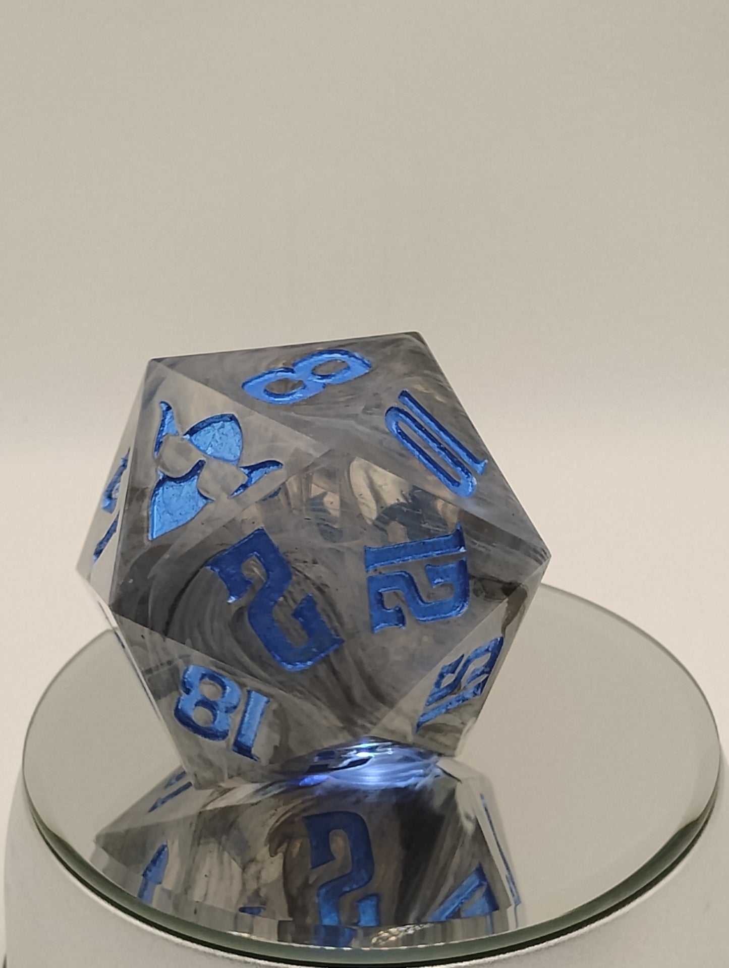 One-of-a-Kind 65mm “Soulfog Chonk” D20 – Handmade Giant DnD Die with Trapped Grey Smoke & Metallic Blue Numbers | Ominous Oversized Dice for Dark Campaigns